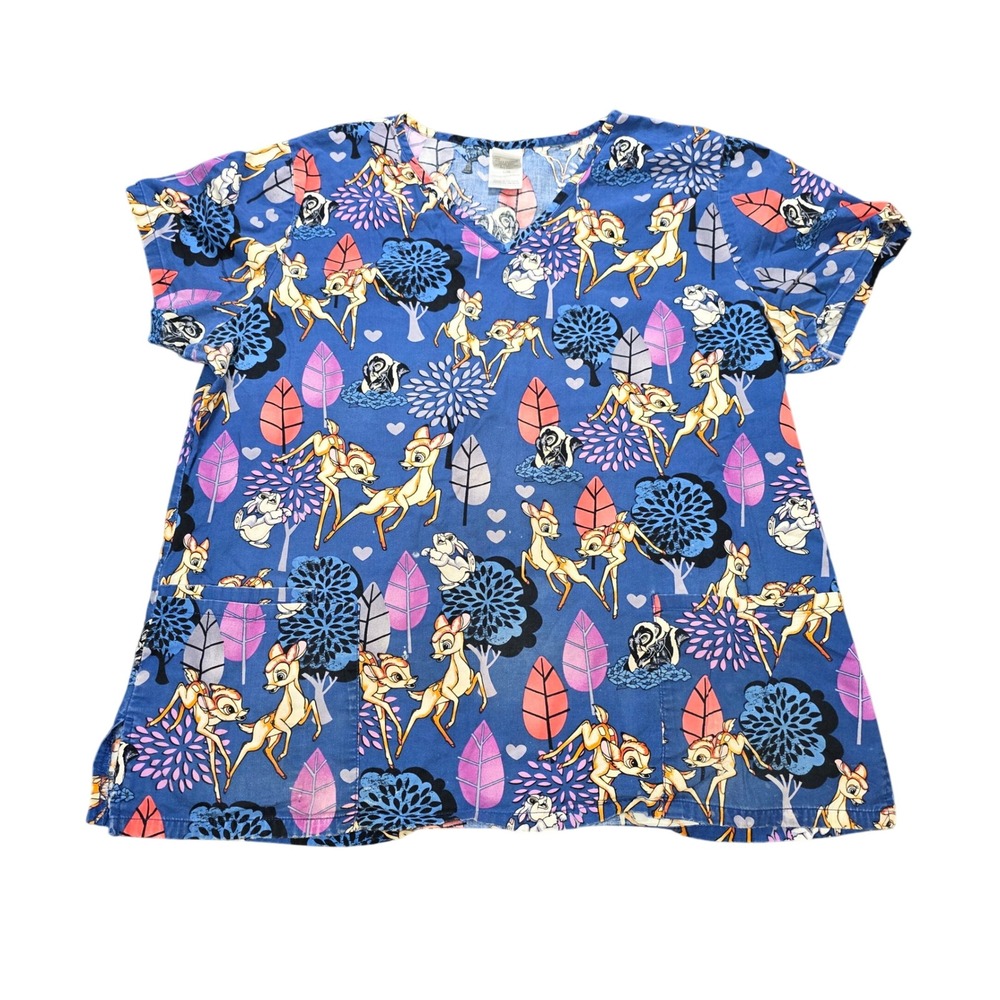 Disney Bambi Thumper Flower Scrub Top Women's Size L Blue V-Neck 100% Cotton